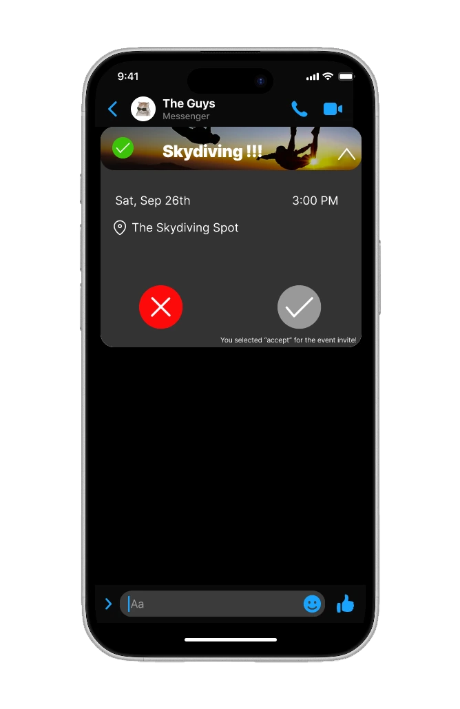 The event banner after answering, with the chosen option greyed out and a green check