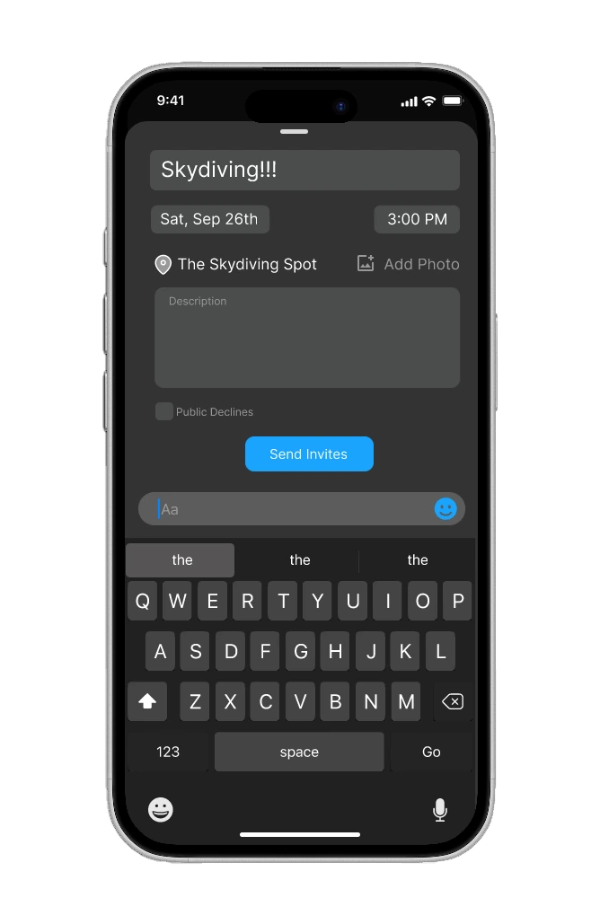 A filled event form with title, date, time, place, a Public Declines checkbox, and Send Invites