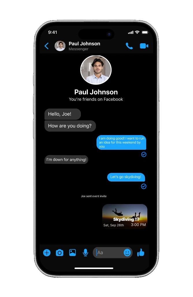 A one-to-one Messenger thread where the event invite arrives as a card in the conversation