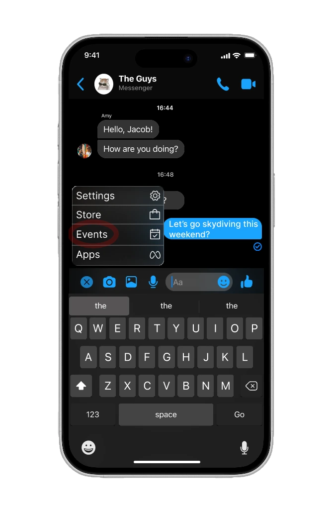 The Messenger attachment menu with an Events item added below Store