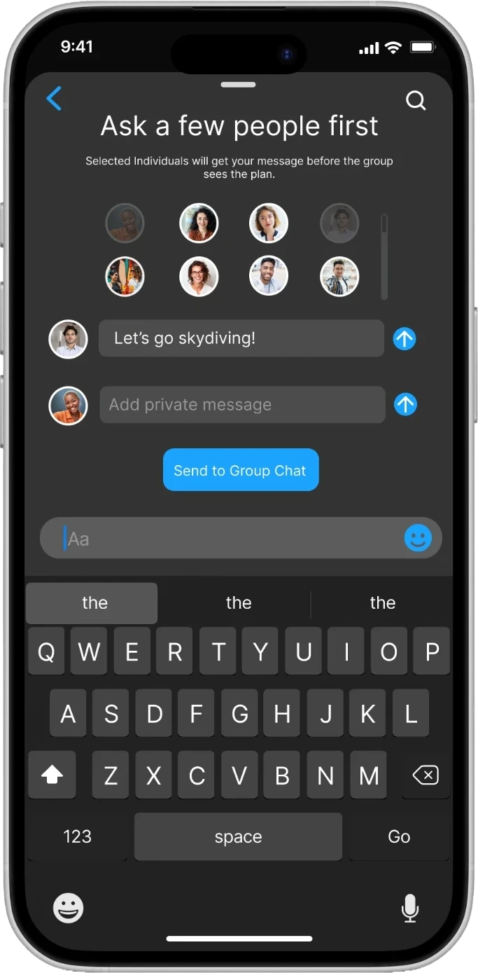 The Ask a few people first screen, where a handful of people are chosen to receive the invite before the group sees it