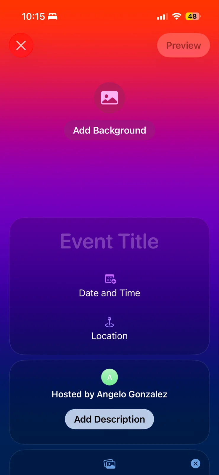Apple Invite's event creation screen