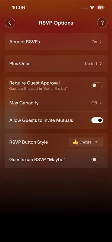 Partiful's RSVP options screen, a long list of toggles and limits