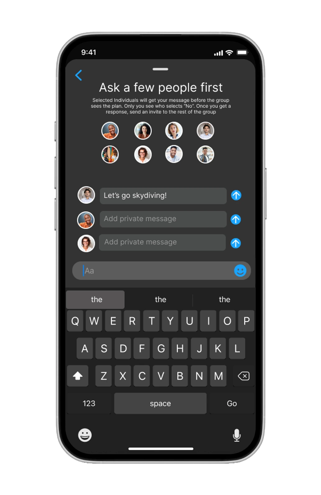 The earlier selection screen: eight fixed avatars, no search, and no send to group option