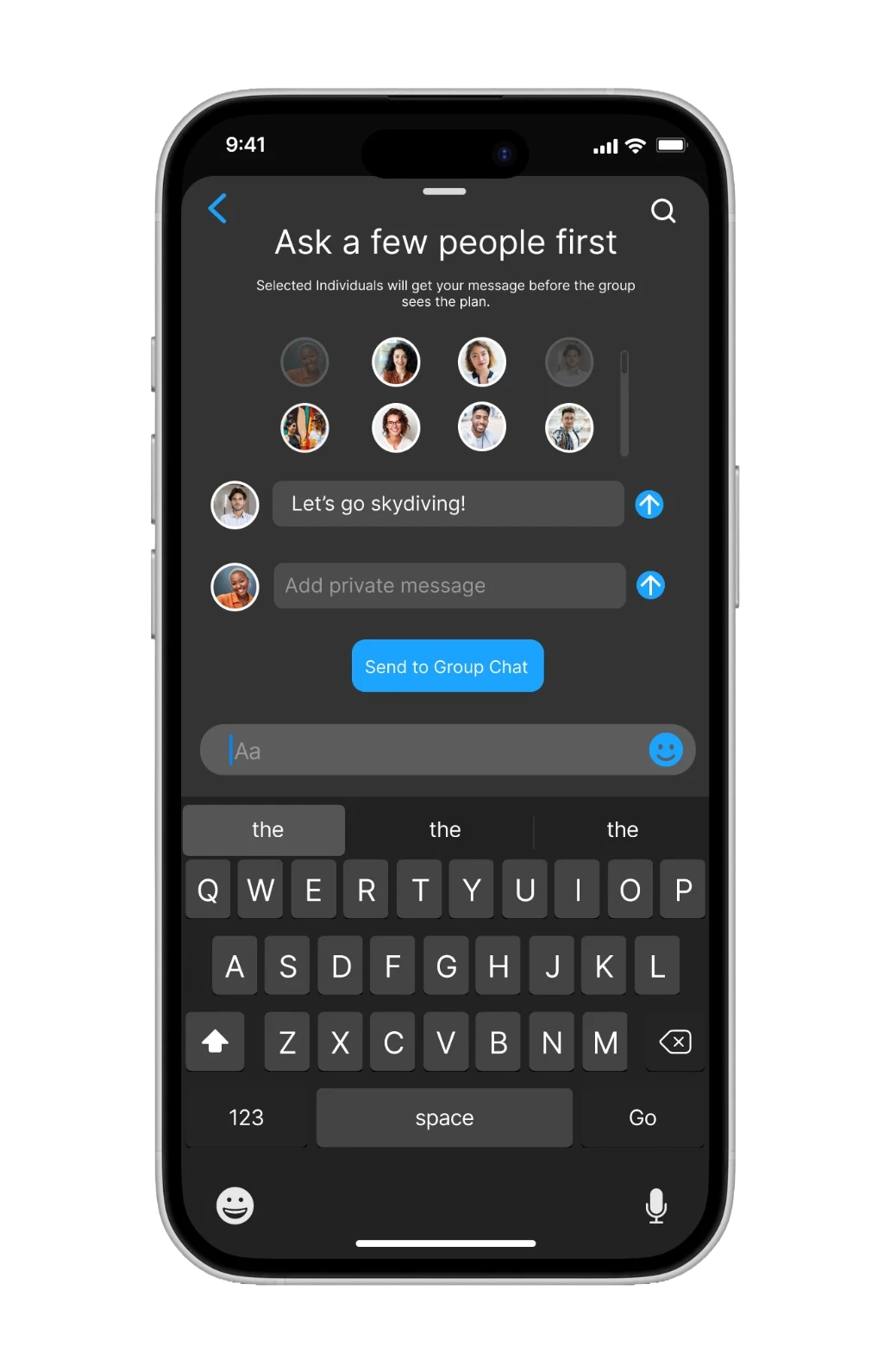 An Ask a few people first screen with avatars, a search control, and private message fields