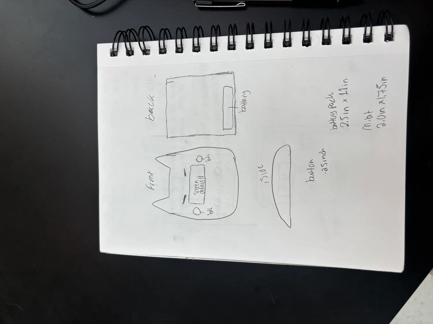 Notebook page with front, side, and back views of the enclosure and measurements