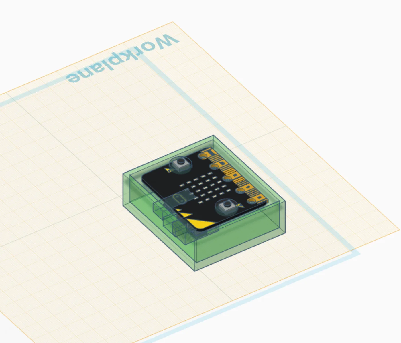 A Tinkercad workplane with a green rectangular tray modelled around a micro:bit