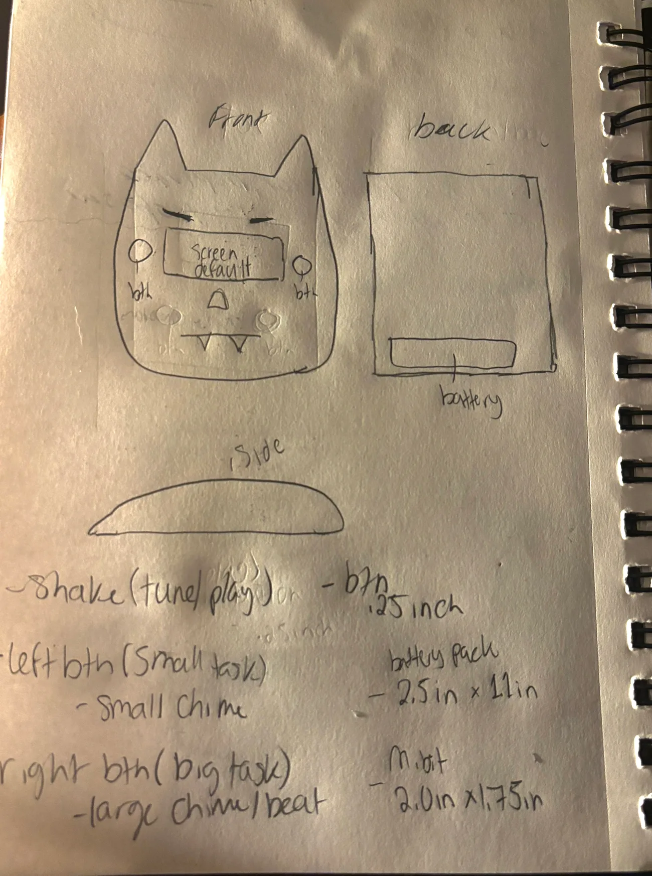 Notebook page showing the cat enclosure front, back, and side with dimensions and control notes